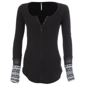Free People Ski Lodge Newbie Thermal Cuff Shirt Black Waffle Knit S Henley Boho